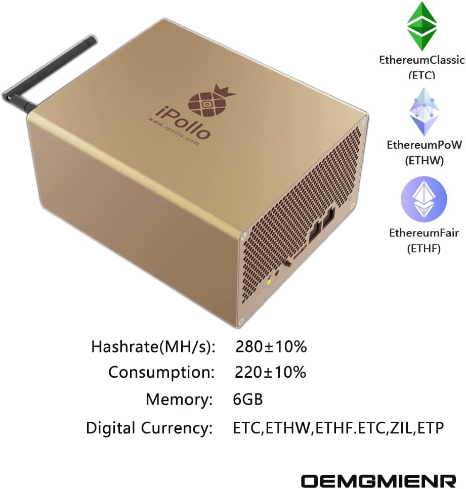 New iPollo V1 Mini WiFi 280M ETC Miner 280MH/s 220W 6G Crypto Currency Ethash/ETHW/ETHF/ETC/QKC/CLO/POM/ZIL WiFi Version by OEMGMINER