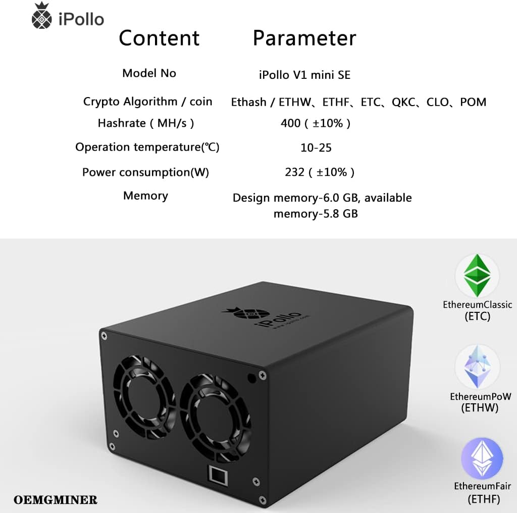 OEMGMINER New iPollo V1 Mini SE Plus Miner 400MH/s 232W 6G Crypto ETC, ETHW, ETHF WiFi Version with PSU Ultra-Silence Home Mining Ready Stock