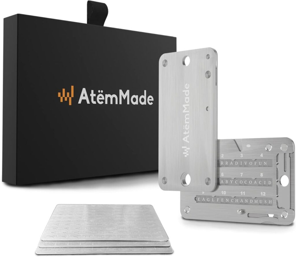 AtemMade Crypto Seed Storage - Bitcoin Wallet Made with Indestructible Stainless Steel Plate - Hardware Wallet Backup Compatible with All BIP39 Ledger, Trezor, Safepal Wallets
