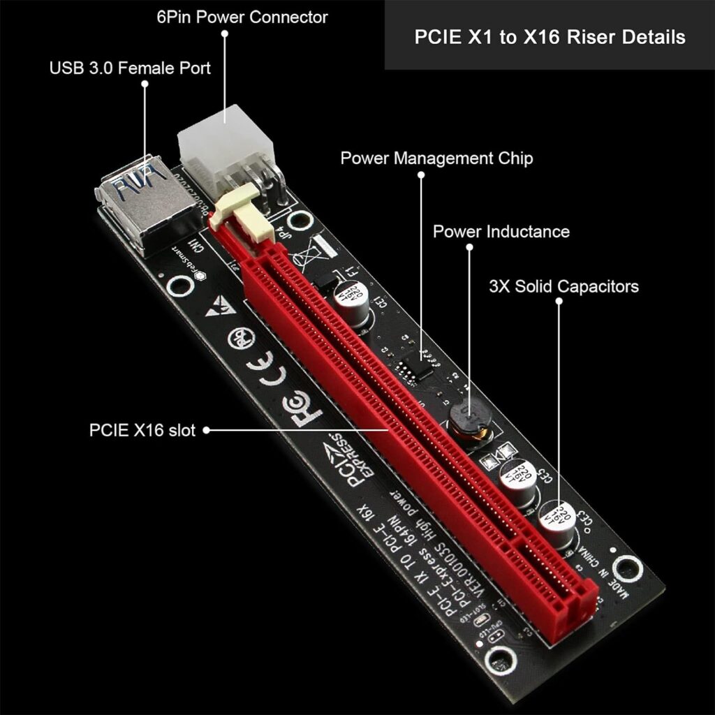 FebSmart GPU Riser for Ethereum Mining Rigs, PCIE Risers for ETH Mining Rigs, GPU Extension Cable, PCIE Extension Cable, PCIE X1 to PCIE X16 Riser, VER006C PCIE Riser, VER006C GPU Riser (Black-6PCS)