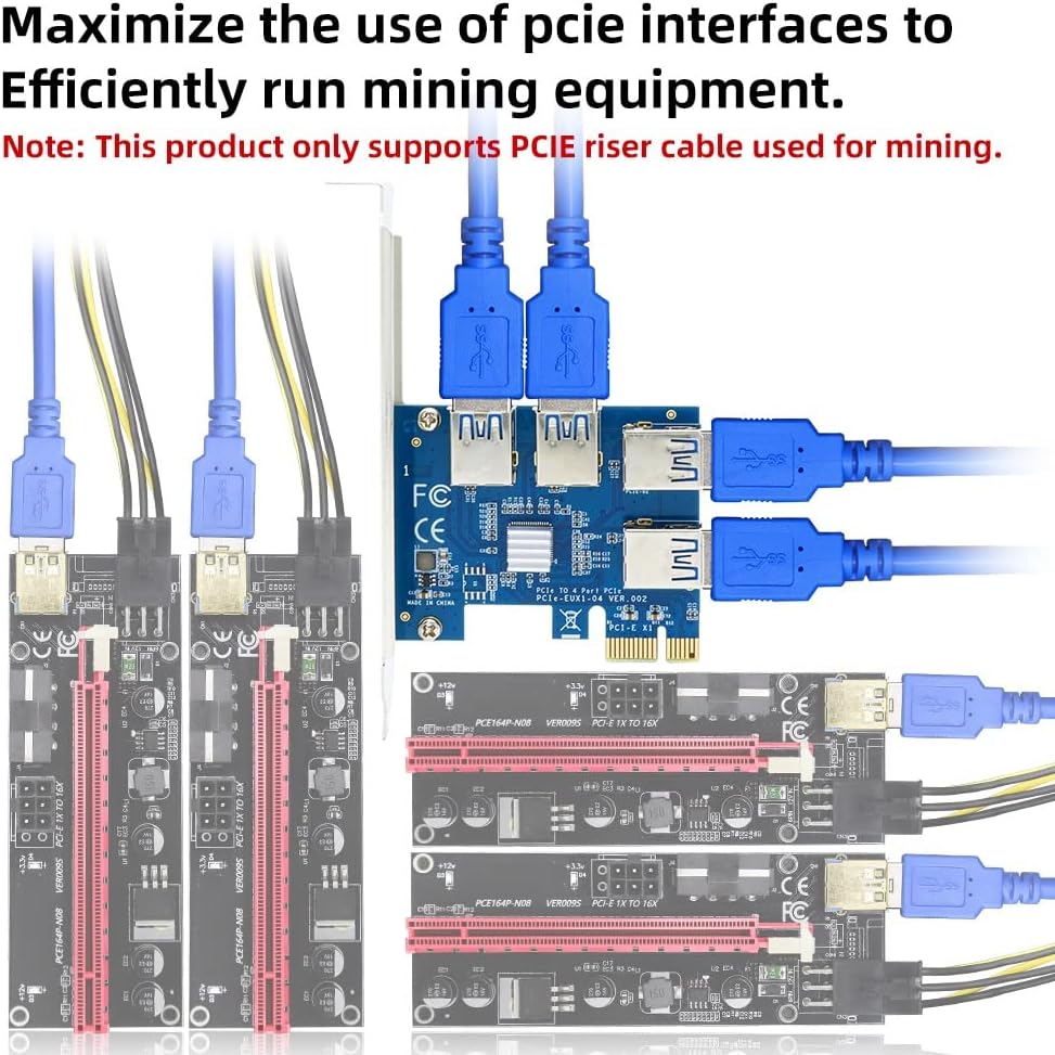 Pcie Splitter 1 to 4 PCI Riser Card, PCIe 1 to 4 Riser Card, 4 in 1 PCI-E Riser Adapter Board for ETH Miner GPU Crypto Bitcoin Ethereum Mining Rig