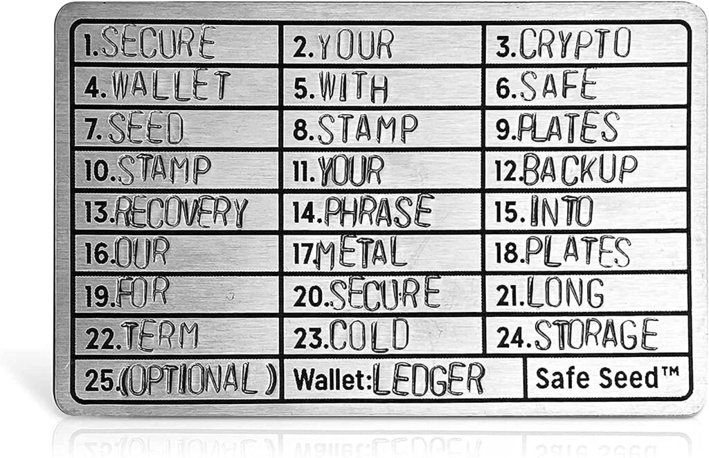 Safe Seed Cryptocurrency Metal Wallet 12-25 Word Recovery Passphrase Backup Complete Stamp Kit Cold Storage Bitcoin Ethereum Cardano Ledger Trezor KeepKey Crypto W/ 2 Steel Plates