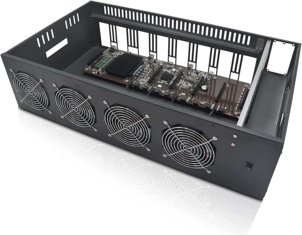 8 GPU ETH Ethereum Best Efficient Mining Rig, Mining Machine System  Platform, Barebone Motherboard for BTC/ETH/ZEC with 4 Cooling Fans, 2000WPower Supply, SSD, RAM (Without GPU)