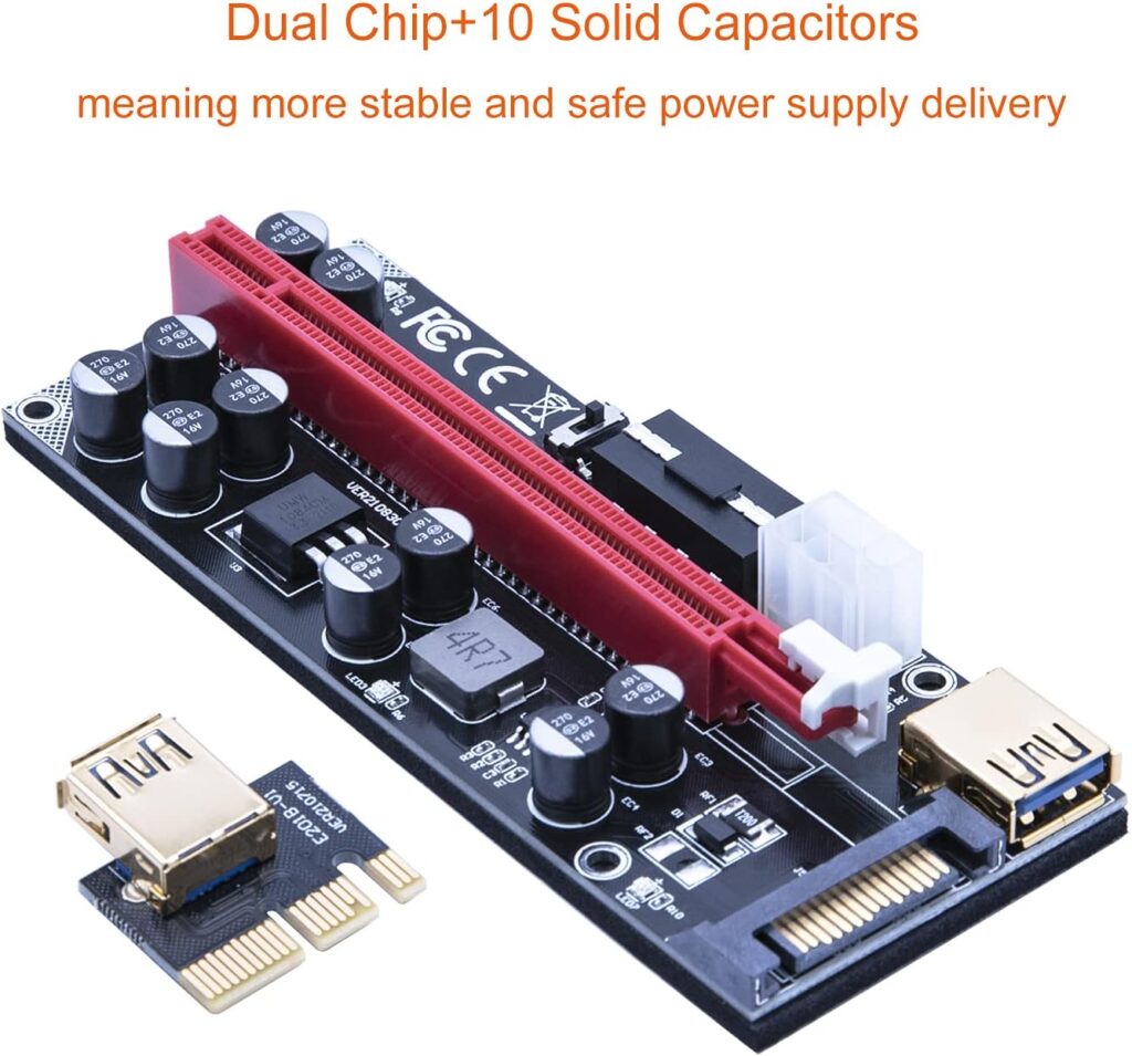 Mailiya 009s Pro PCIe Riser, Dual Chip PCI-Express GPU Riser,16X to 1X Powered Riser Adapter Card w/10 Solid Capacitors/RGB LED Light/60cm USB 3.0 Cable