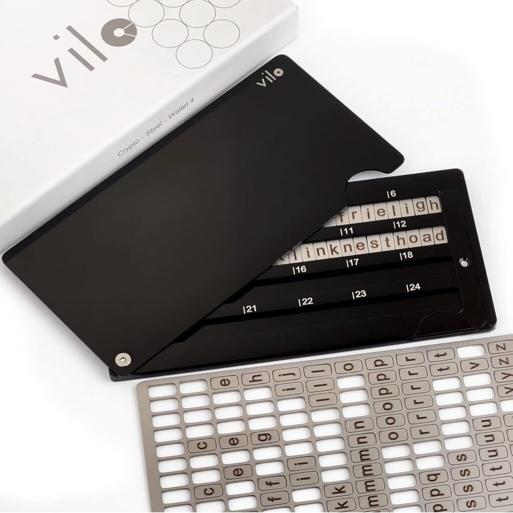 Vilo - Crypto Steel Wallet, Cryptosteel, Stainless Steel Crypto Cold Storage Seed Backup, Compatible with All BIP39 Wallets, Ledger Nano, Trezor, KeepKey, Coldcard, 24 seed phrase storage. (clase 4)